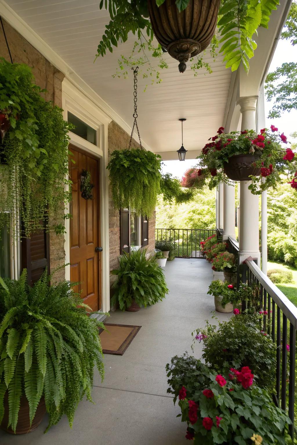 Rich greenery breathes life into the porch setting.