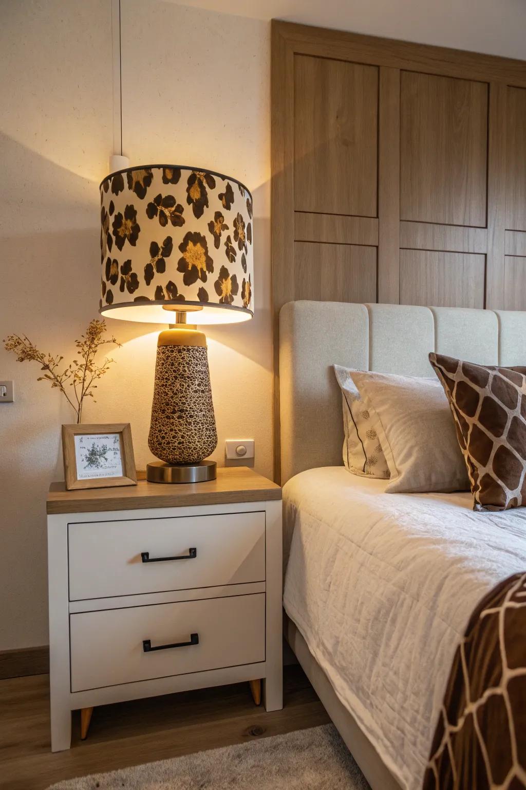 A farm animal pattern lampshade adds a whimsical touch to any room.