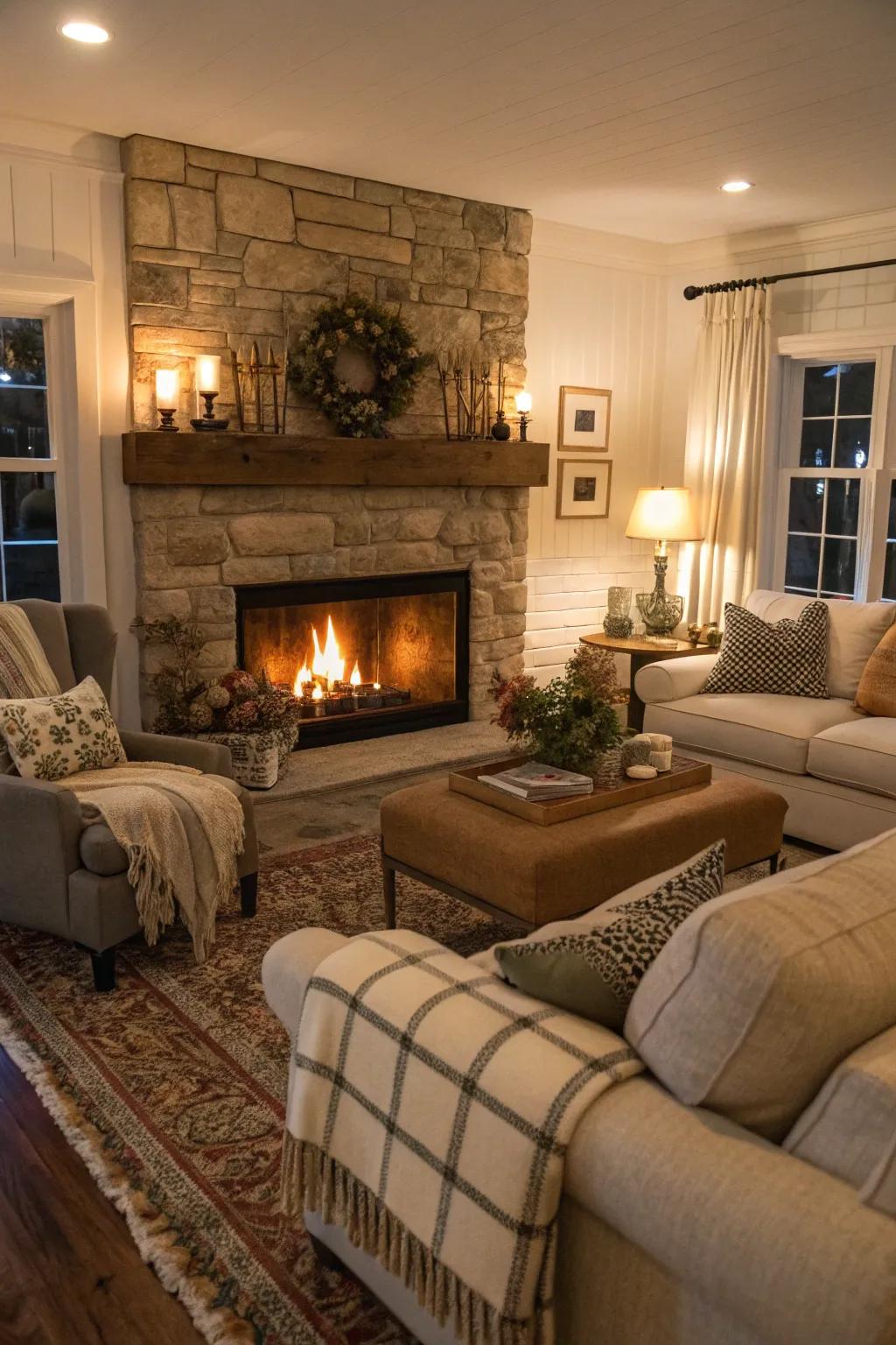 A fireplace crafts a warm and inviting focal point.