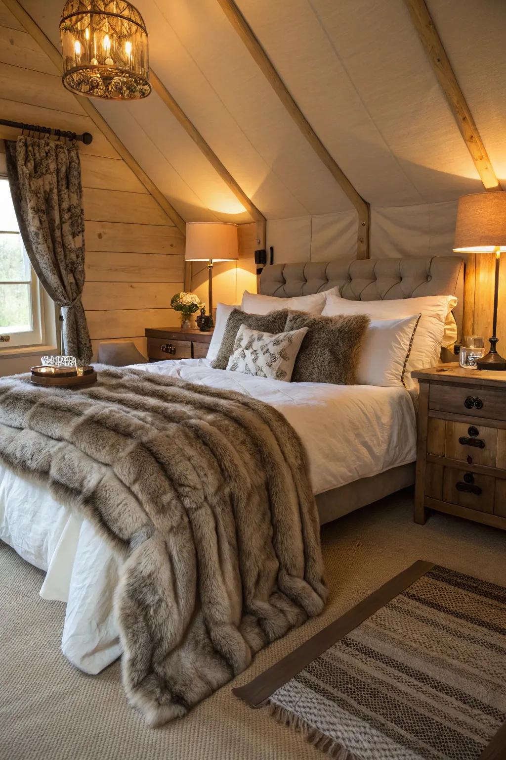A luxurious bedroom featuring soft faux fur throws and a cozy ambiance.