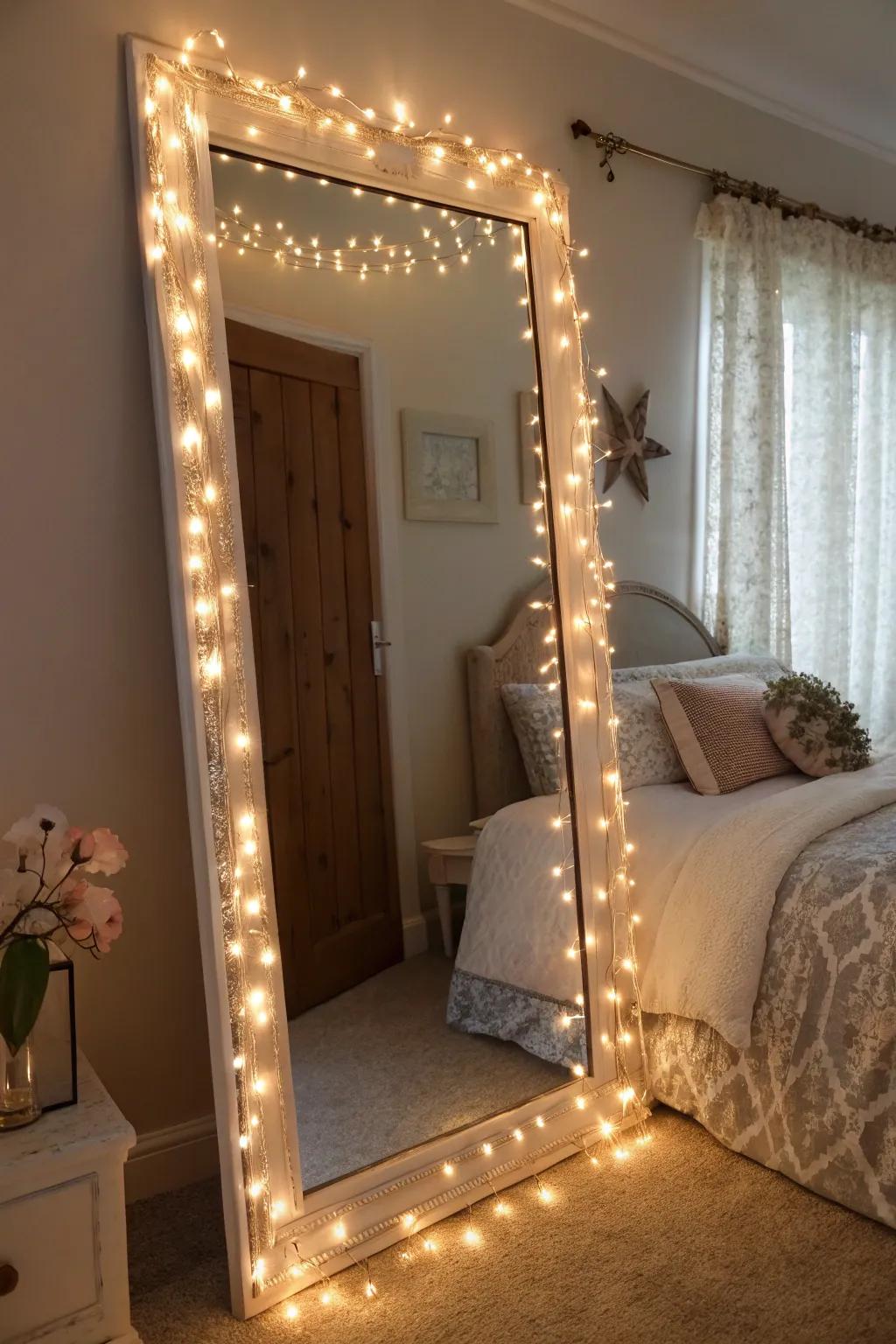 Twinkle lights hung around a large mirror.