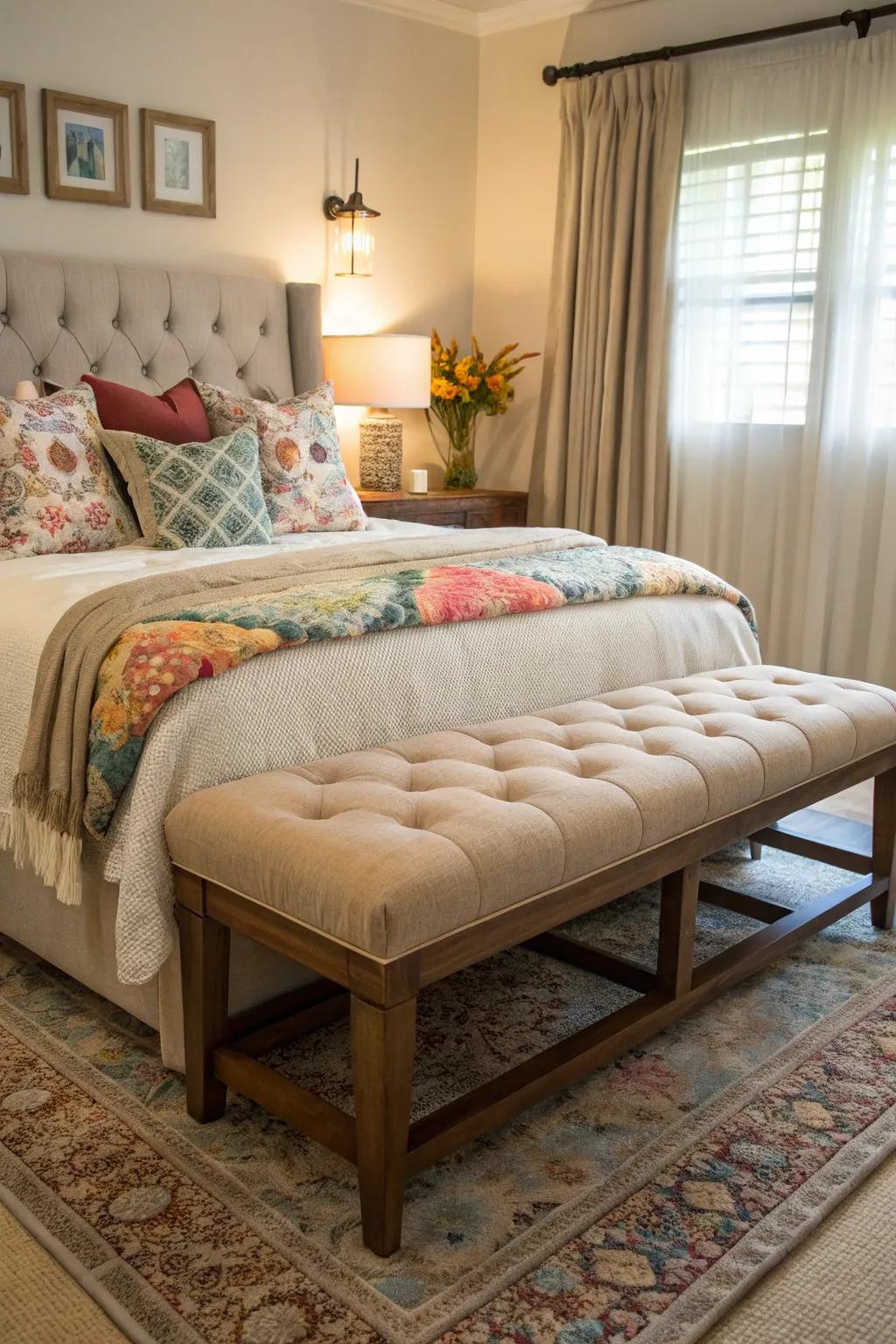 A cushioned bench enhances the comfort and elegance of the bedroom.