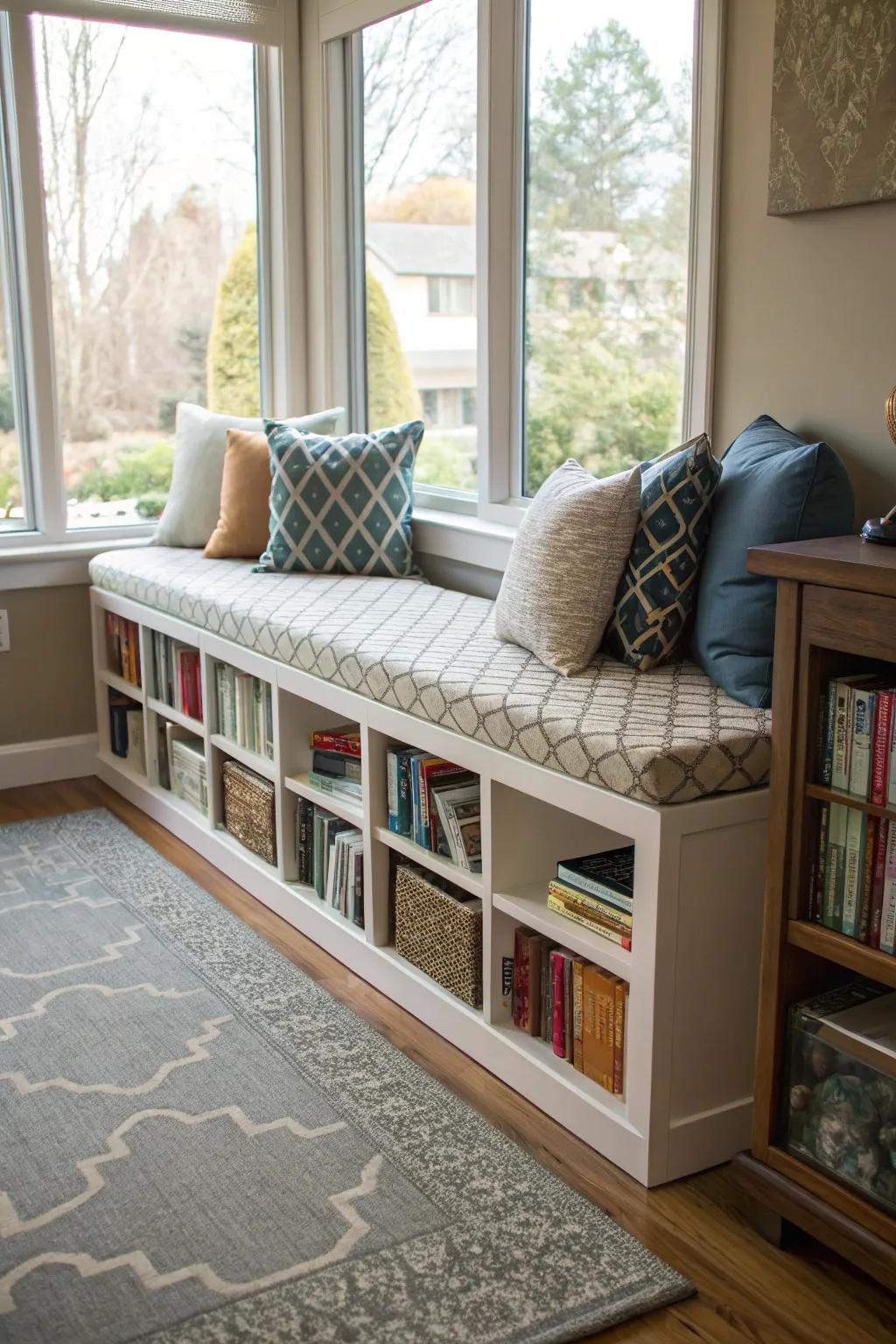 Furniture with integrated book storage optimizes space efficiency.