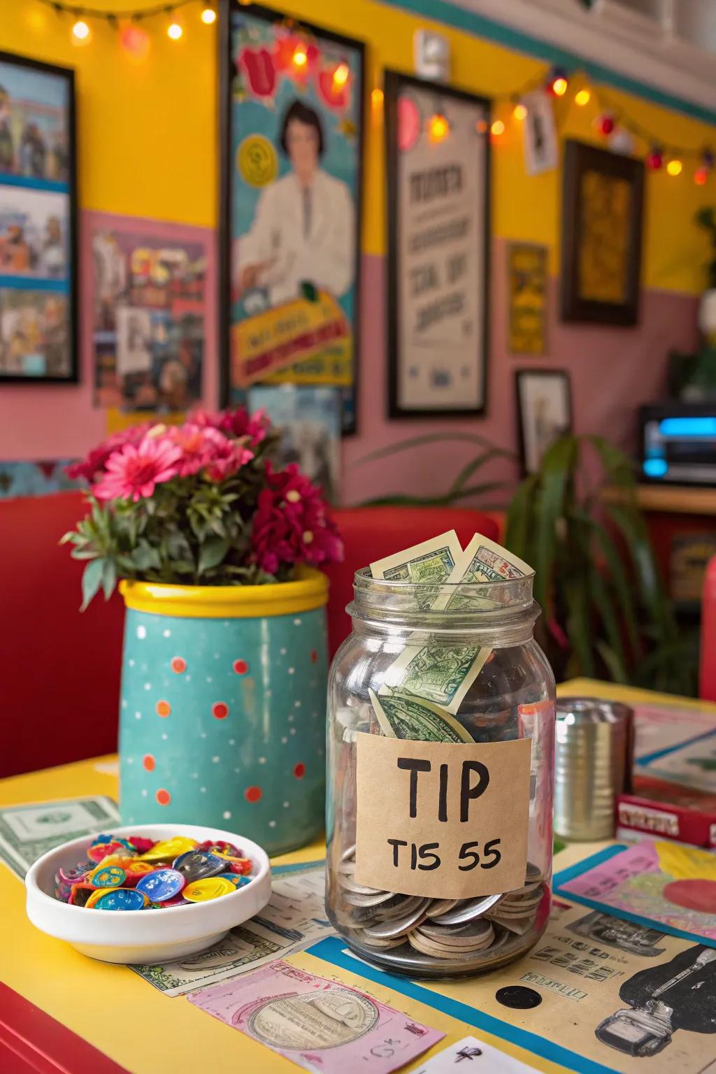 A tip container with a nostalgic pop culture theme