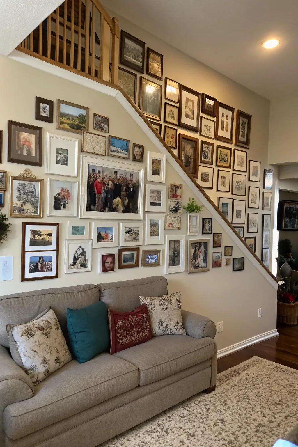 A full-wall collage is a brave approach to showing off personal memories.