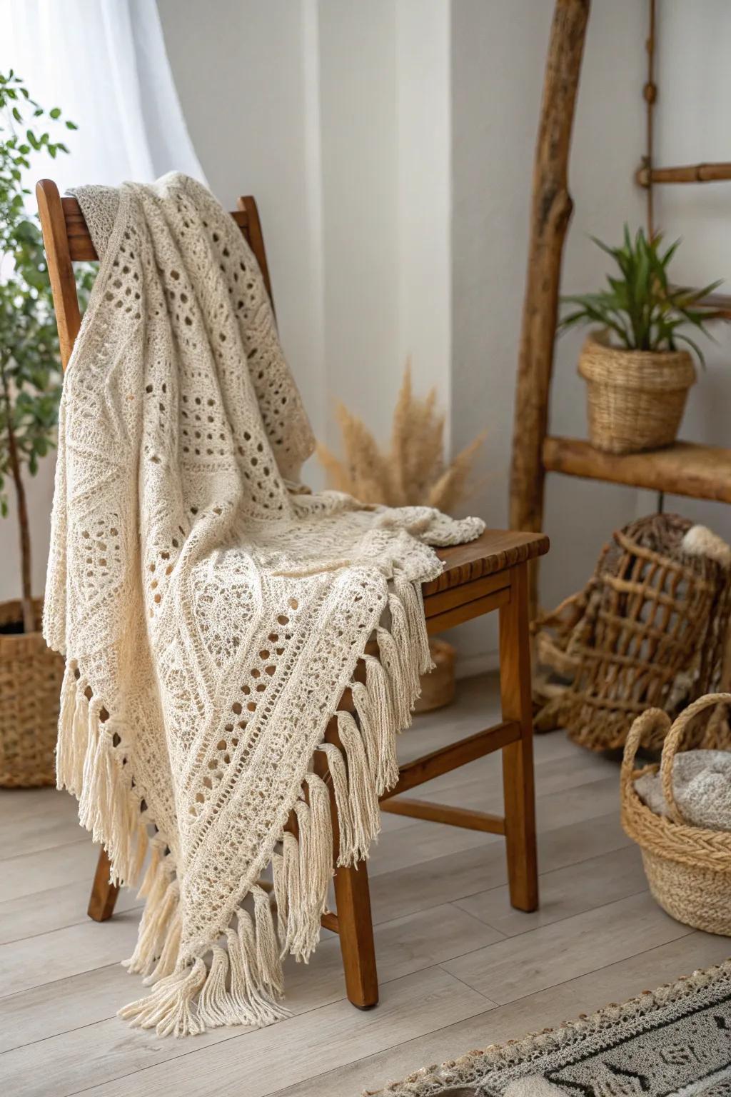 Wrap yourself in sophistication with this handmade crocheted wrap, a flawless combination of style and warmth.