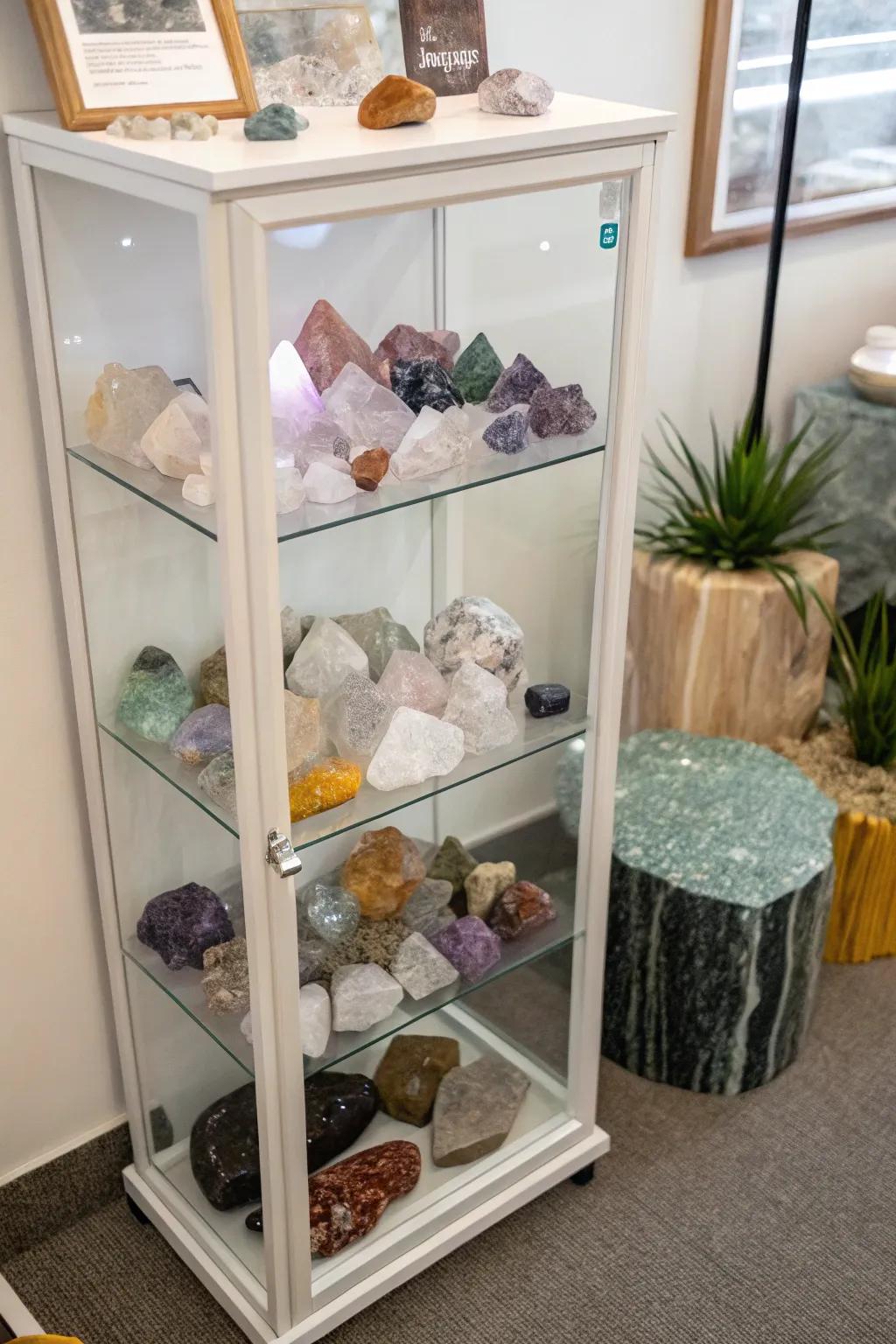 A clear cabinet displaying an elegant crystal collection.