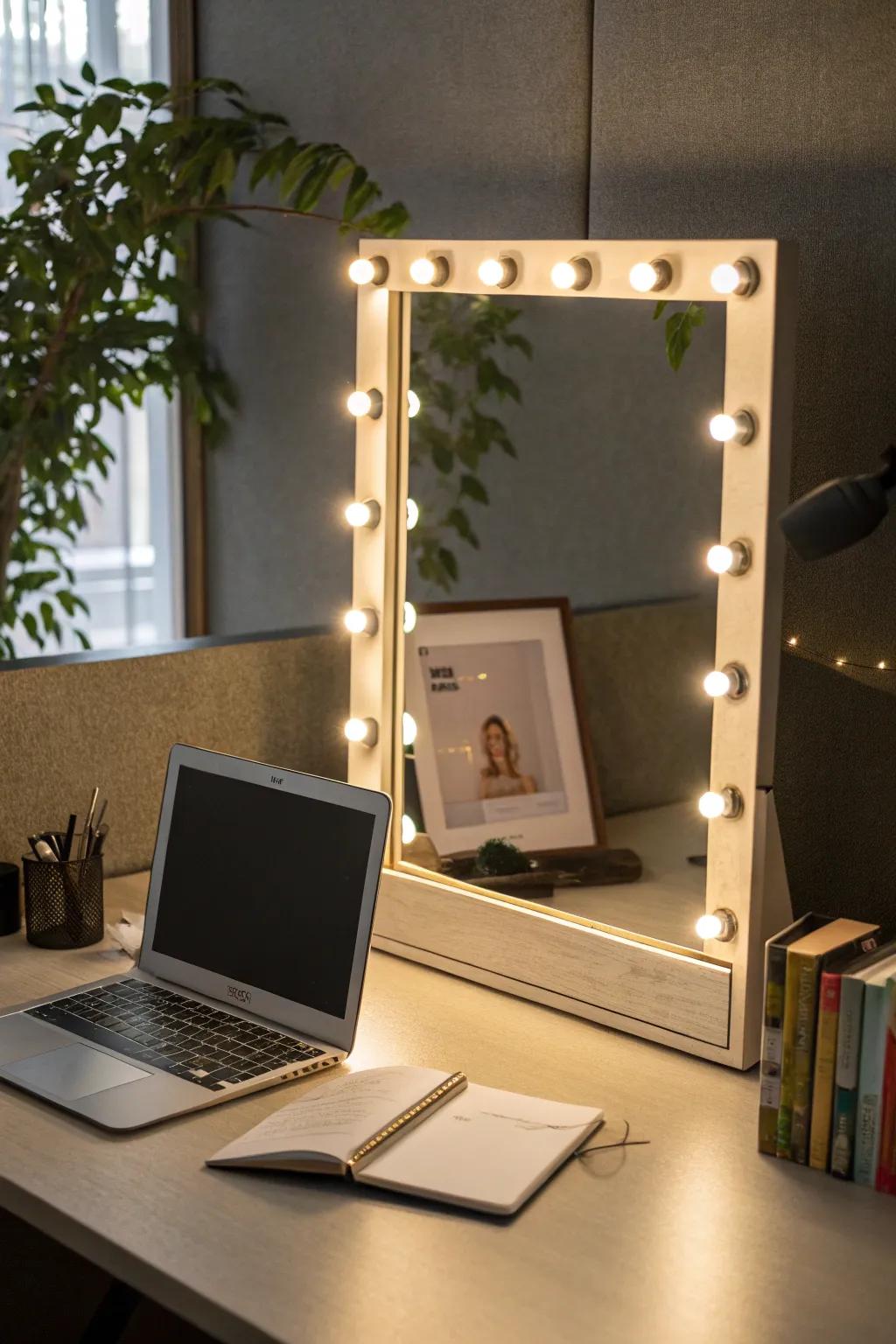 LED lighting in a mirror adds ambiance and reduces eye strain in the workspace.
