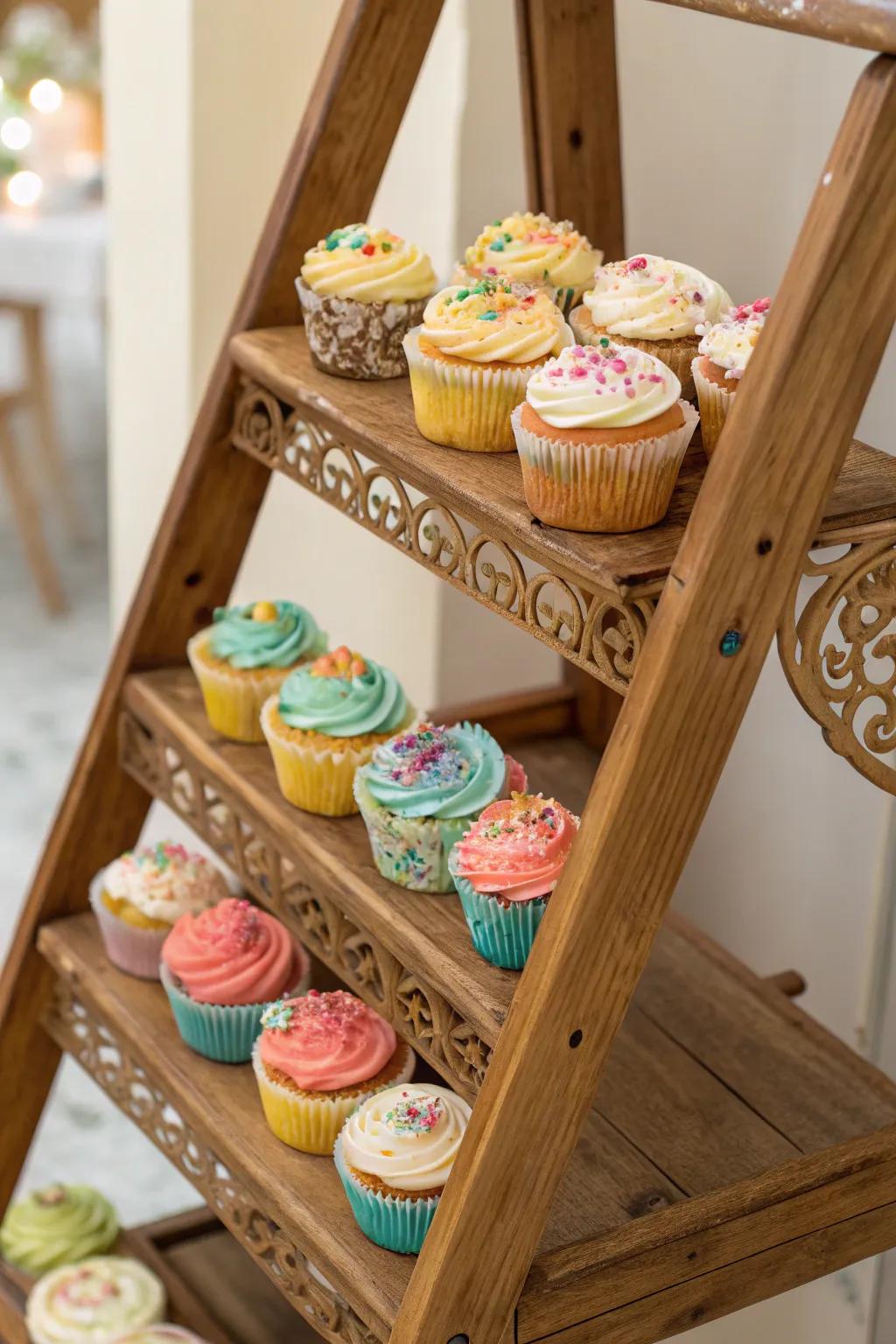A ladder creatively repurposed as a striking cupcake display.