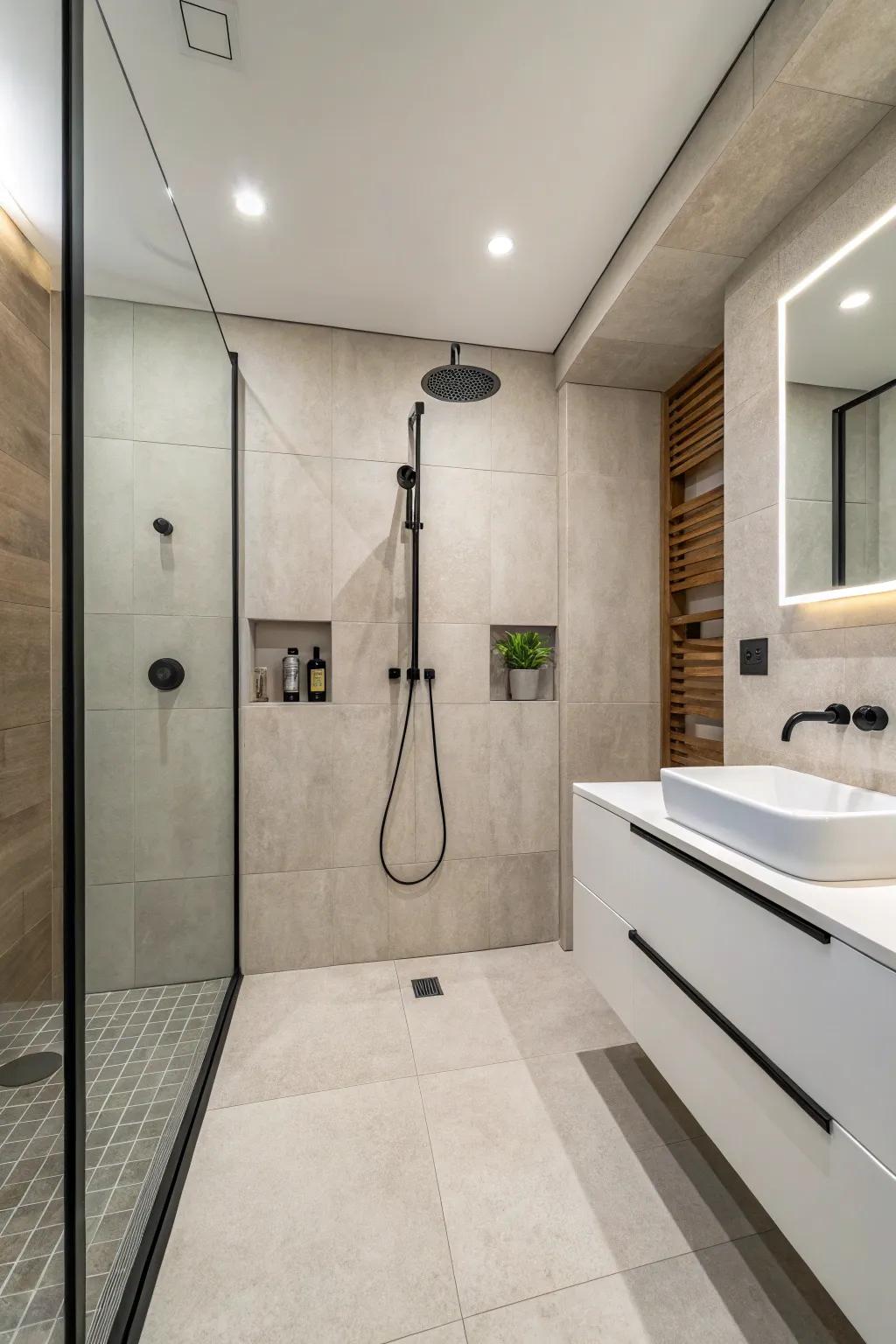 Simplicity at its finest in this tidy, uncluttered shower without a curb.