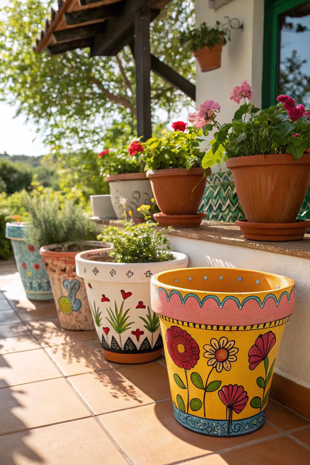 Hand-painted flower pots bring vibrant charm to any garden.