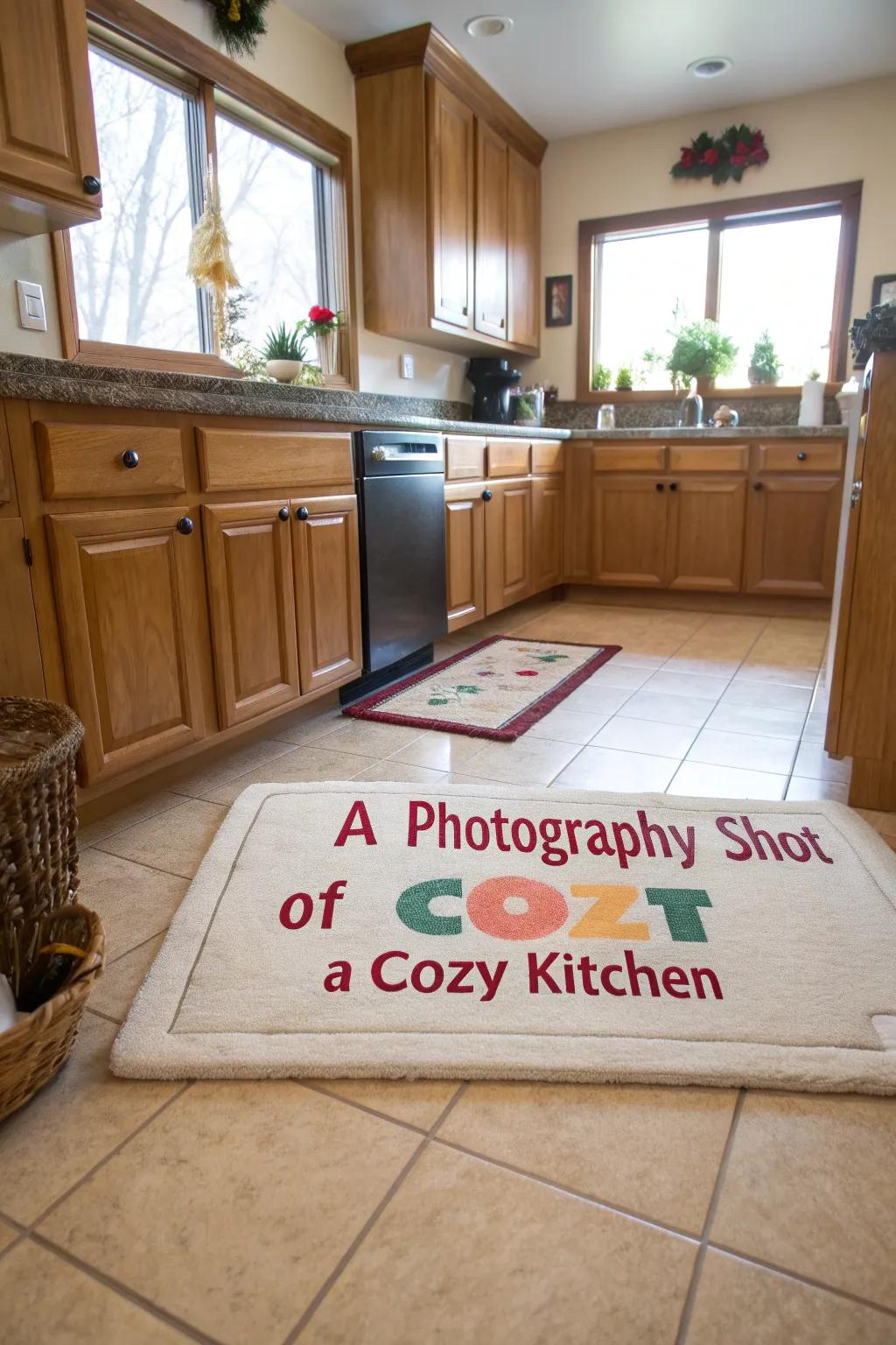 A custom phrase rug imparts personality and charm to any kitchen.