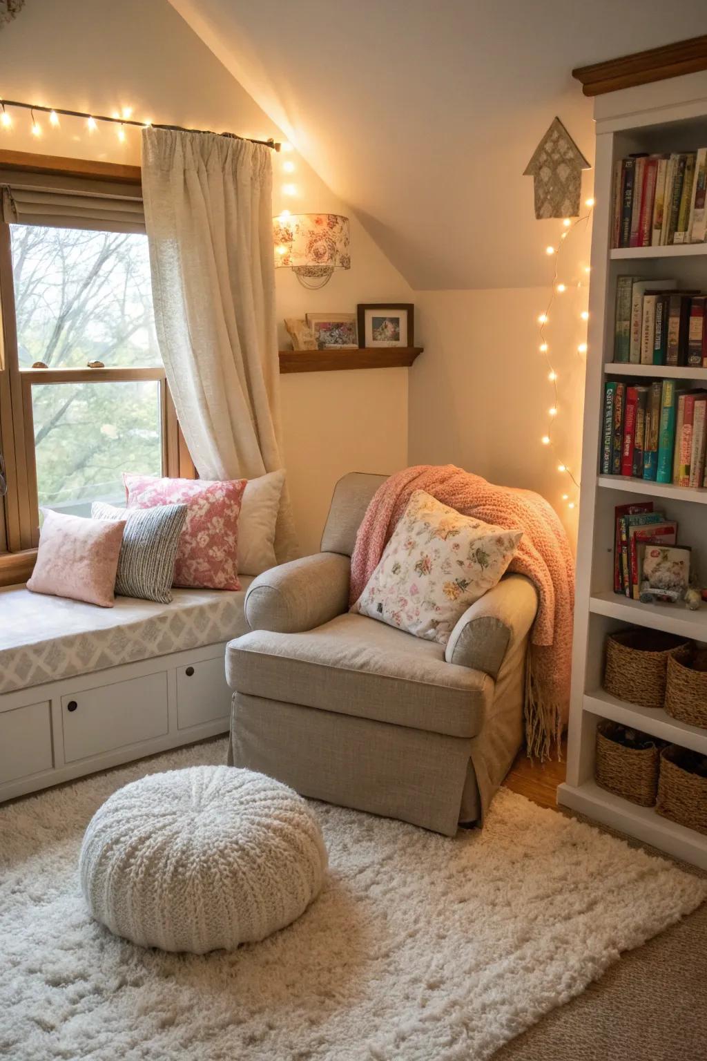 A cozy corner for reading and relaxation in a shared room.