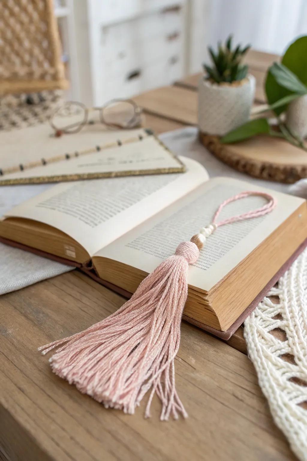 Add a touch of elegance to your reading with a charming fringe-crowned bookmark.