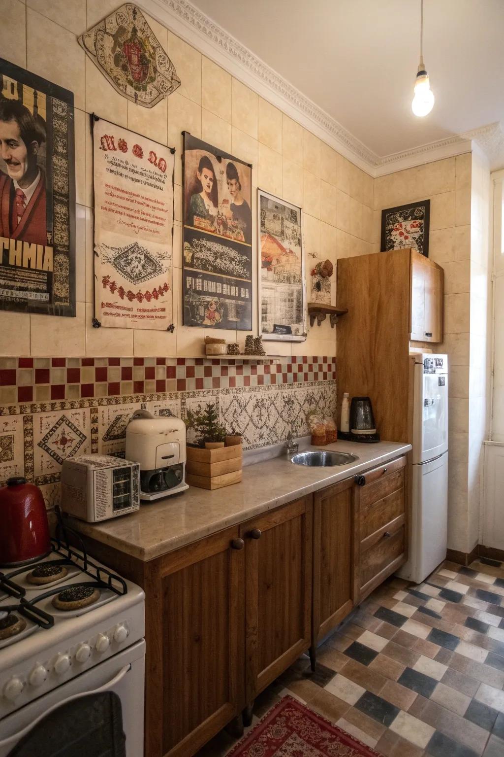Posters with retro typefaces adding vintage charm to a kitchen.