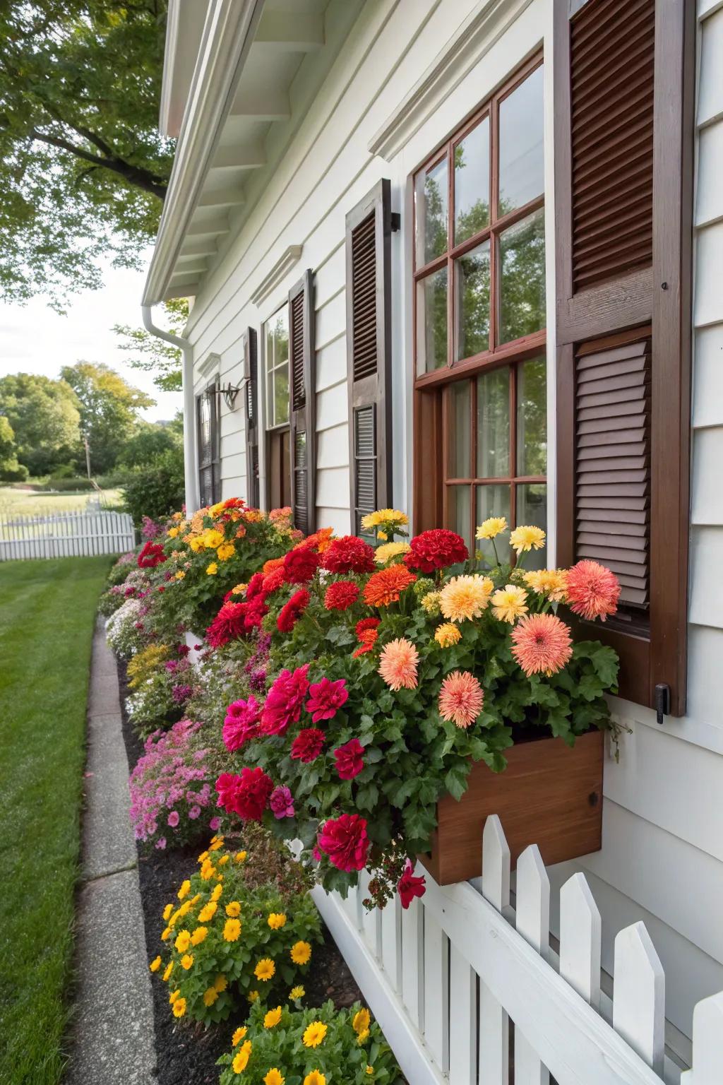 Window boxes teeming with dahlia blossoms.