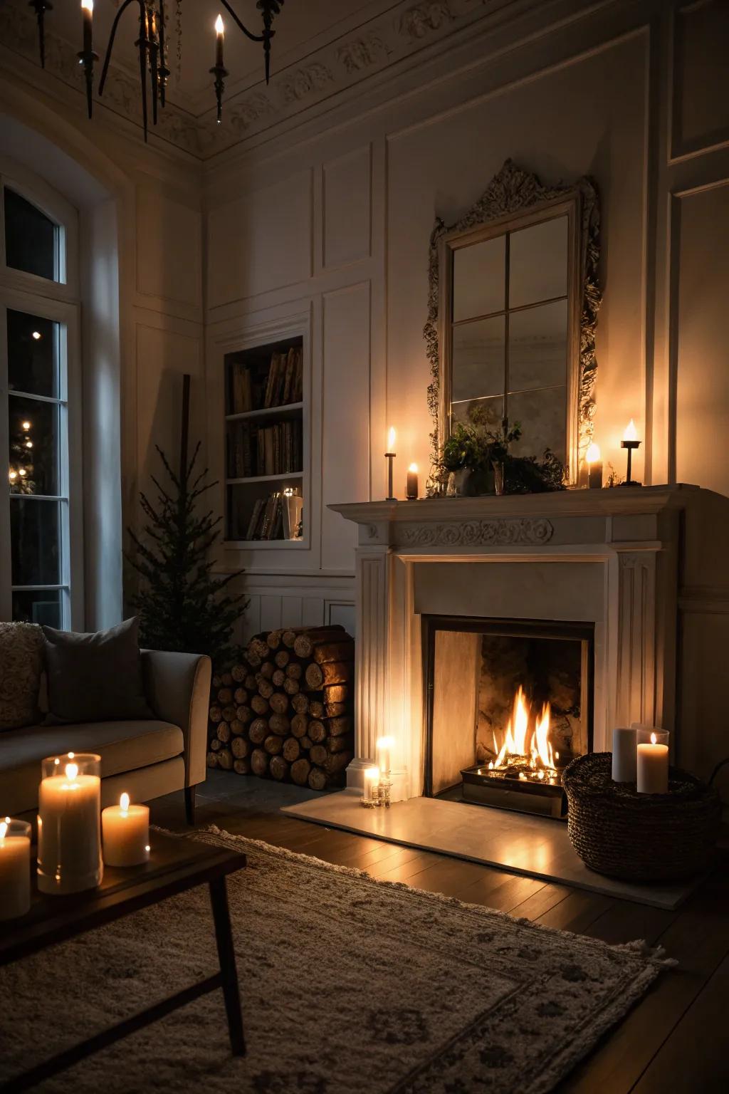 A fireplace shifts the room into a snug getaway.
