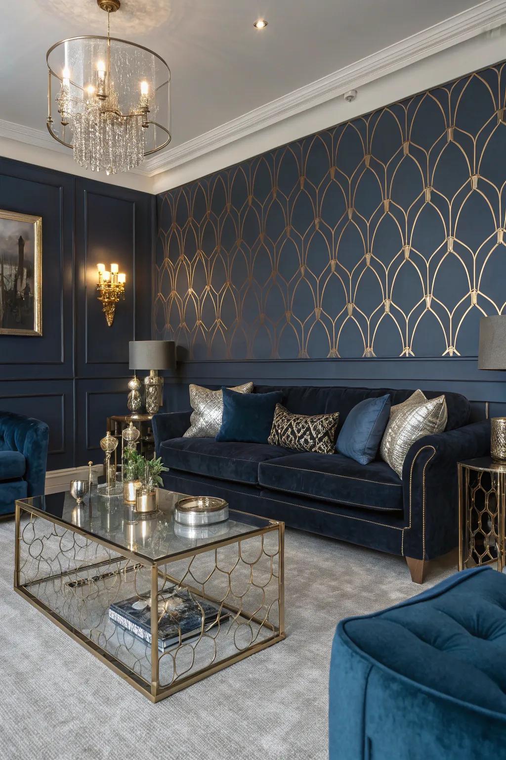 Metallic accents bring an element of luxury to dark blue walls.