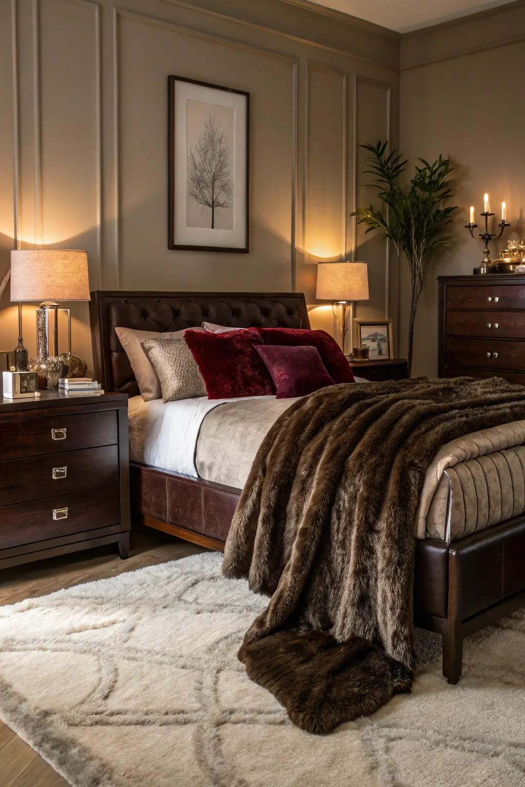 Plush fabrics add a hint of class to dark brown environments.