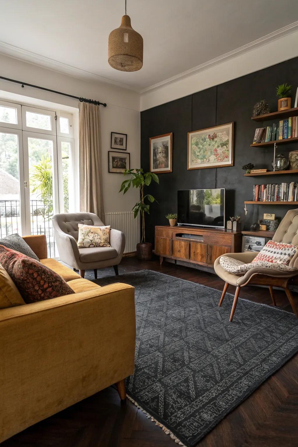An eclectic mix of styles around a dark floor covering.