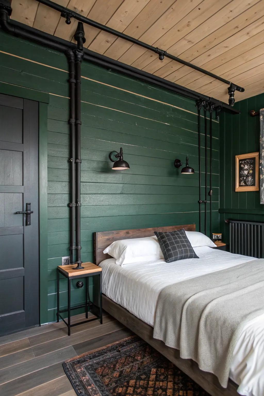 Dark green shiplap panels introduce texture and warmth.