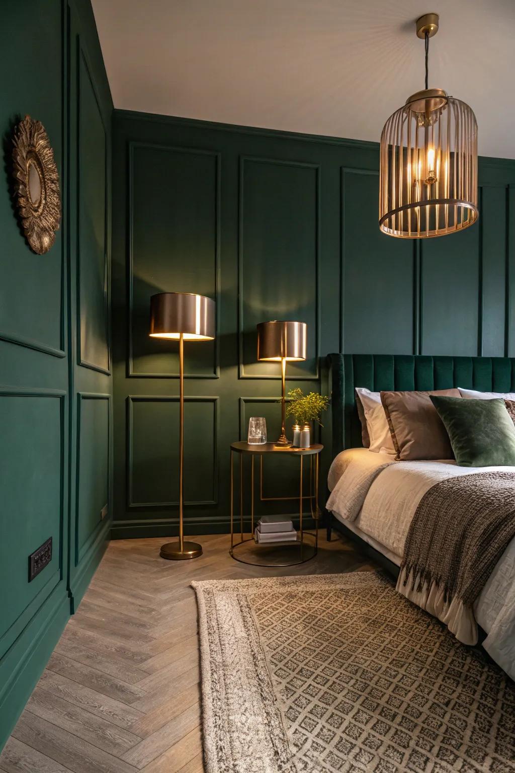 A dark green bedroom decorated with metallic lights and neutral rugs.