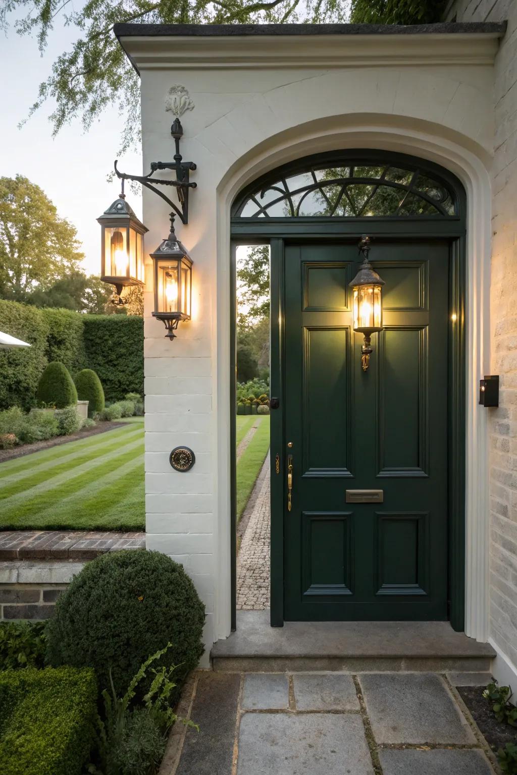 Wall-mounted sconces brighten the entrance, adding warmth and sophistication.