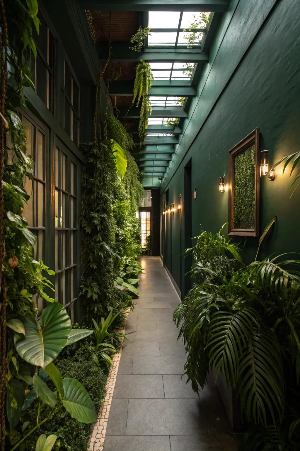 Flora adds organic texture to this deep green hallway.
