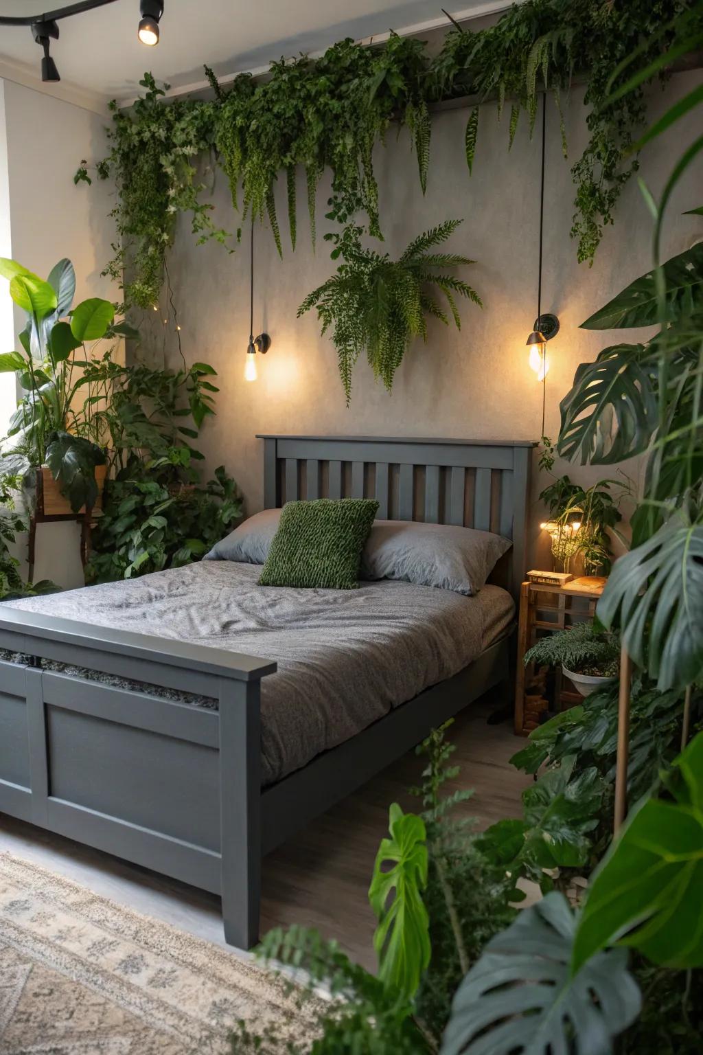 Greenery provides life and contrast to a bedroom with a dark grey bed frame.