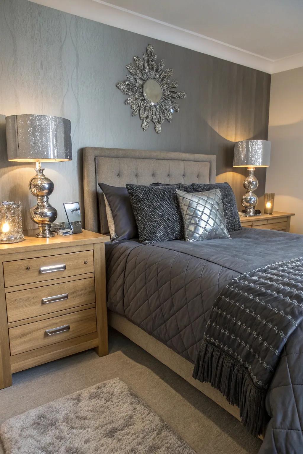 Charcoal bedding gains elegance and glitz from metallic accents.