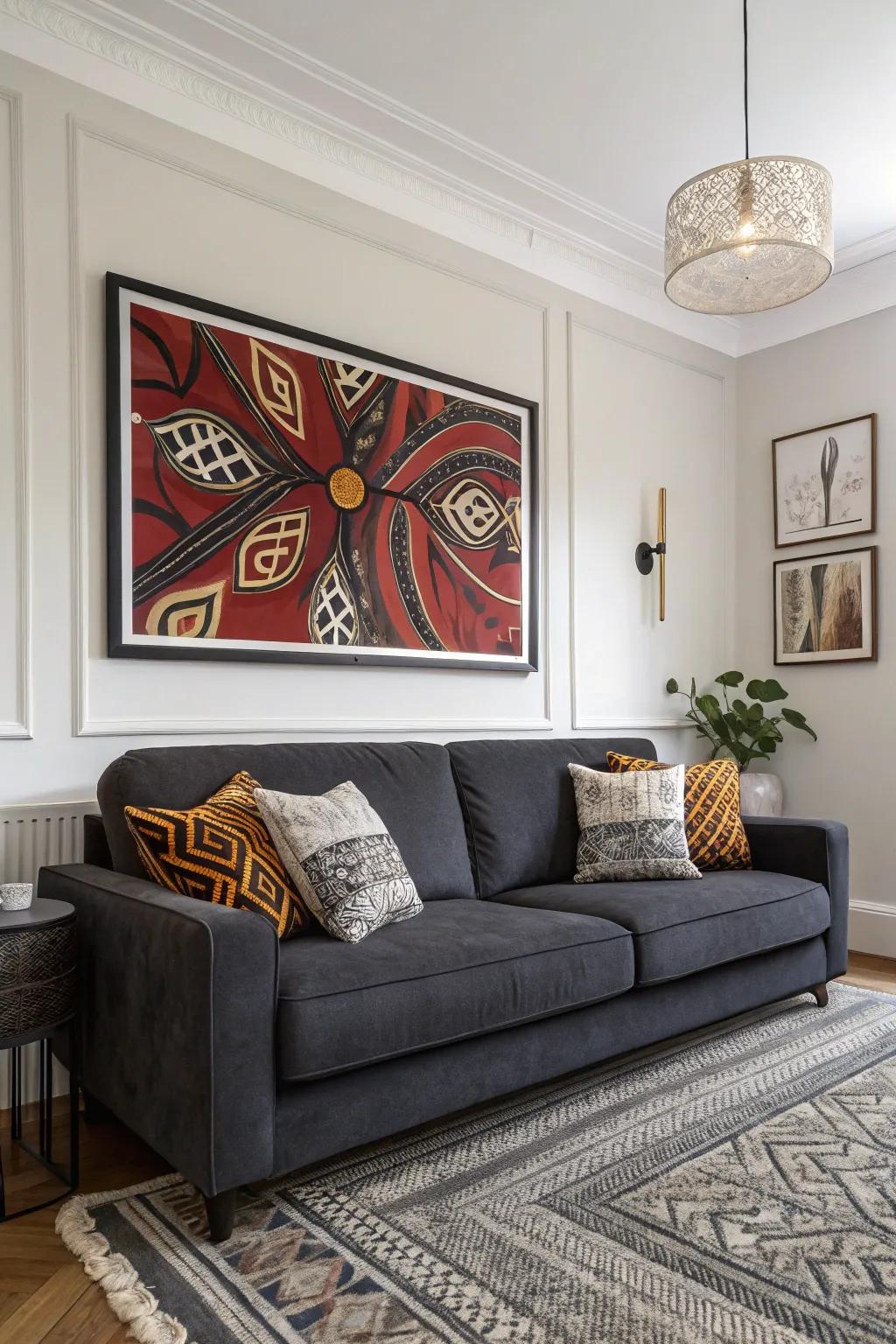 Bold artwork provides a striking center point in a grey couch setting.