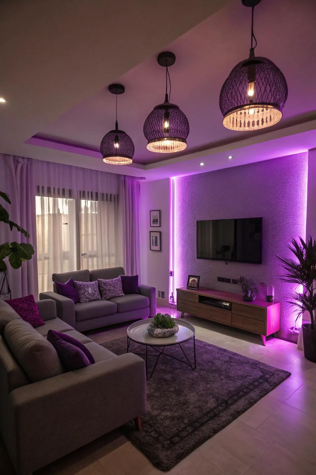 Violet illumination introduces a captivating shine to this snug lounge.