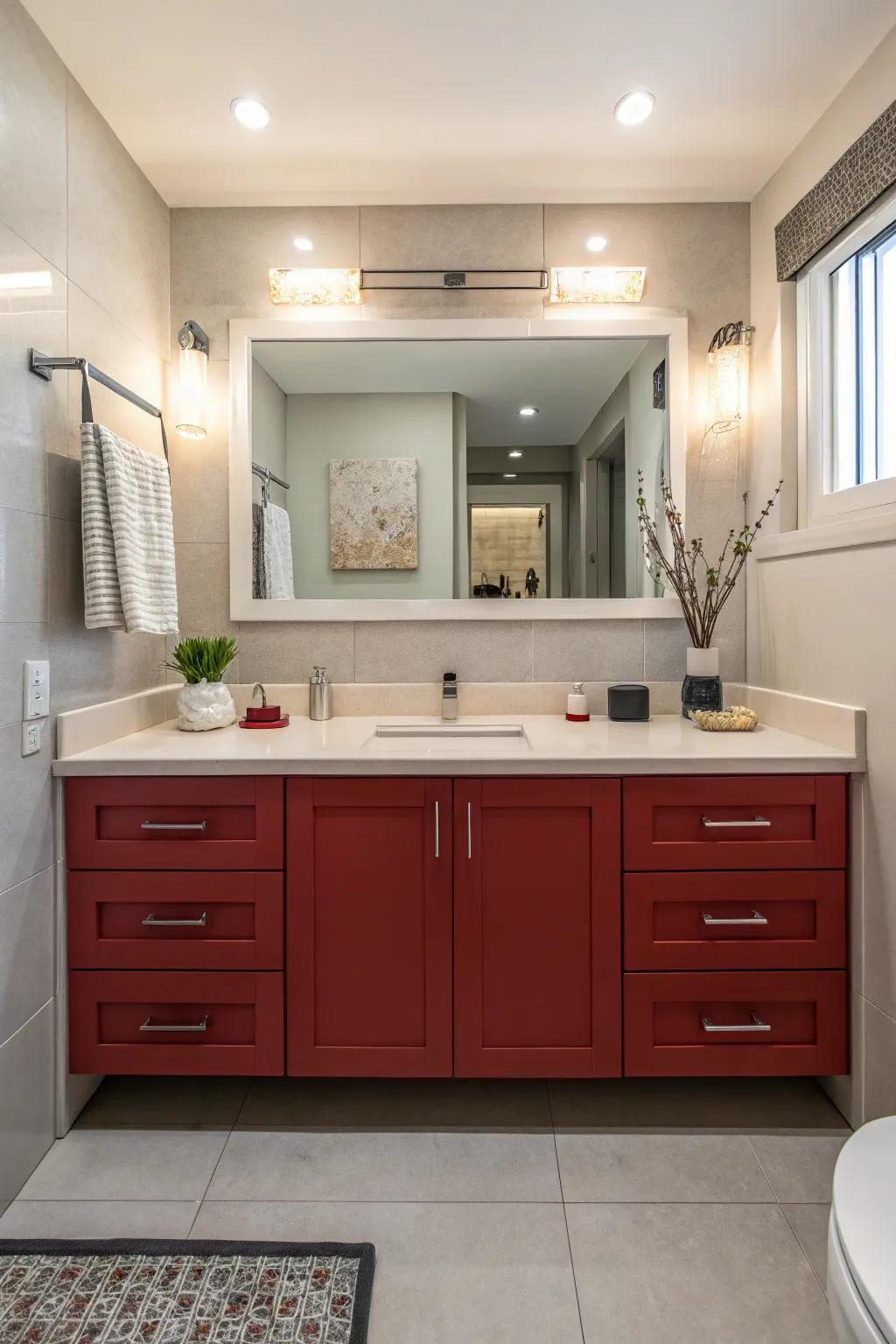 A striking red counter acts as a bold centrepiece within the bathroom.