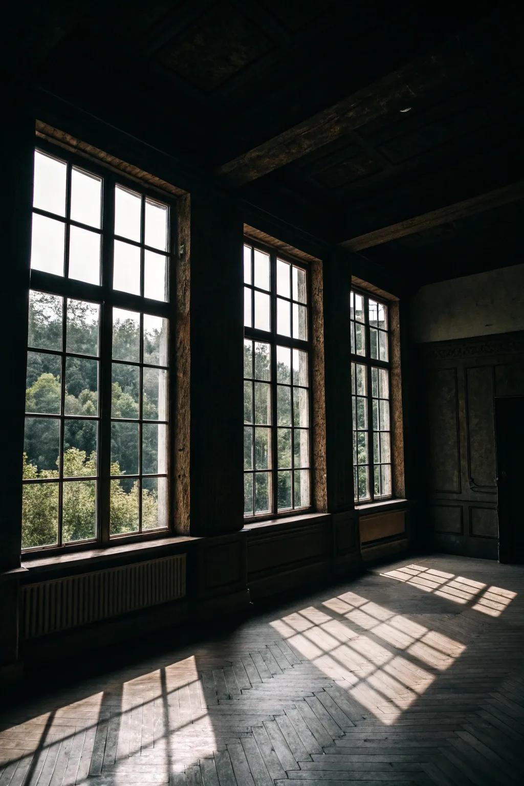 A room featuring large windows letting in natural light.