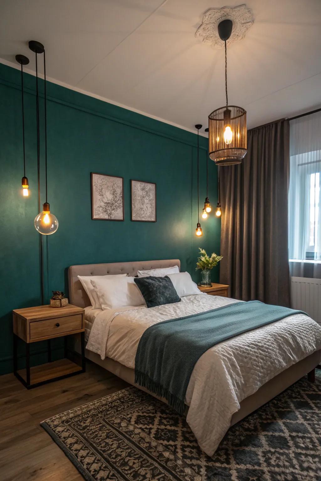 Layered lighting elevates the atmosphere of a teal interior.