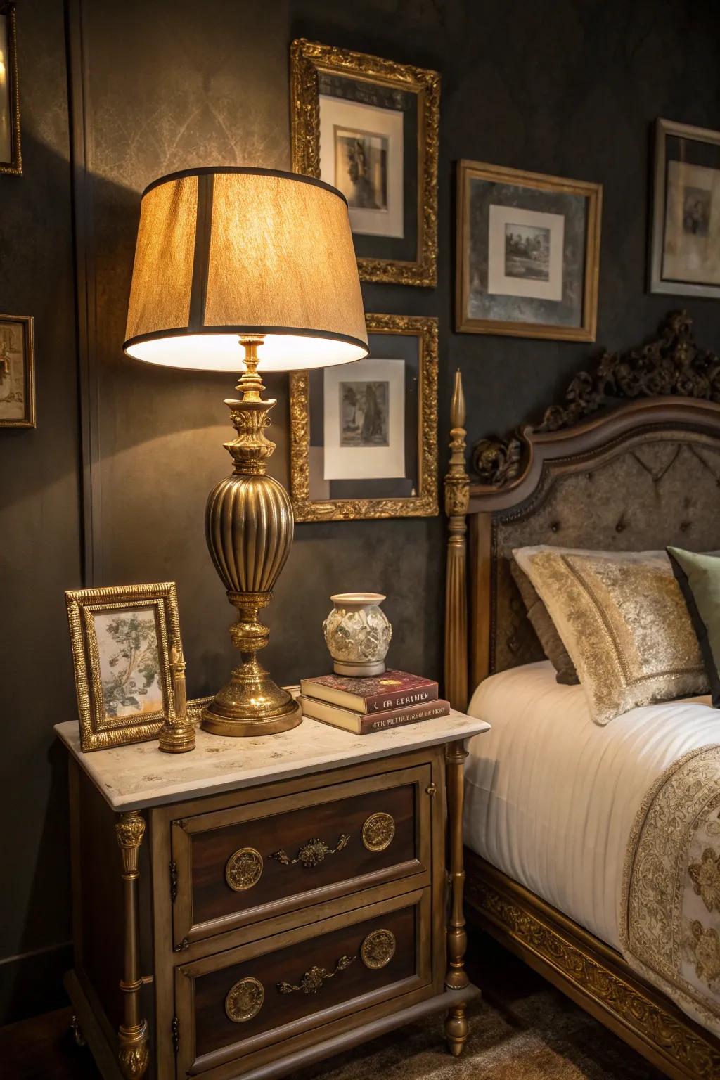 Gilded details enhance warmth and elegance to a dimly lit, old-fashioned bedroom.