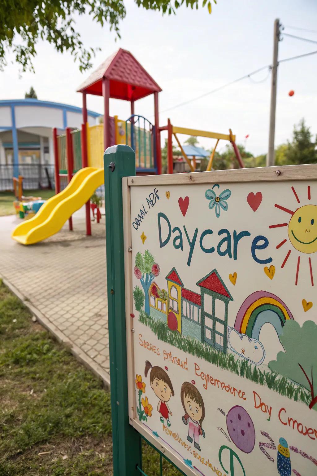 Artwork by children is proudly showcased on the daycare sign, adding a heartfelt and personal element.