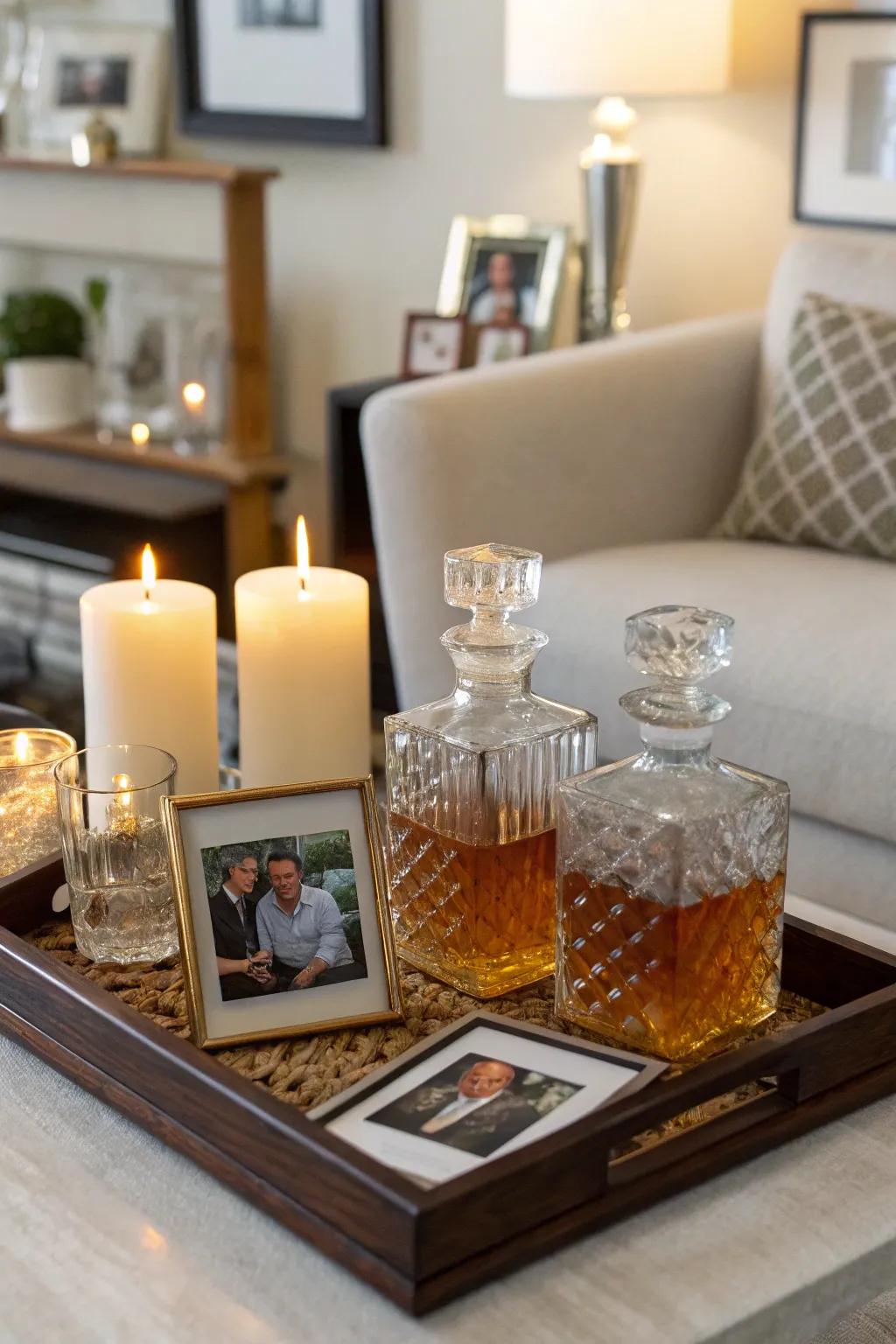 A cozy corner featuring glass vessels and personal decor touches.