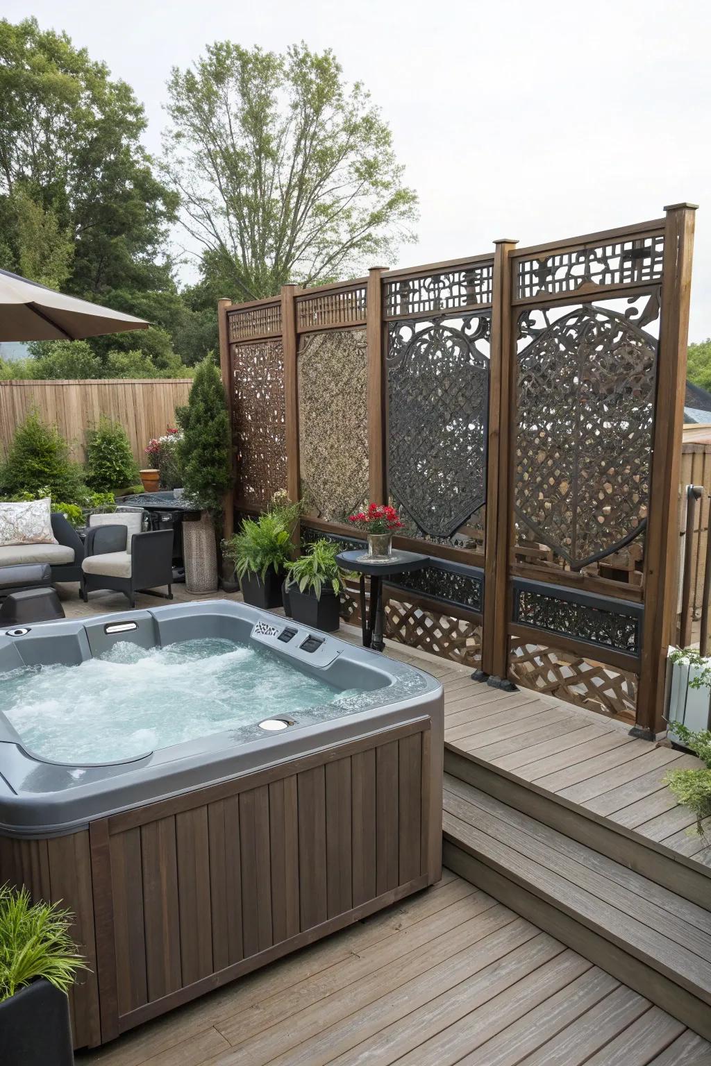 Seclusion screens create a secluded hot tub experience.