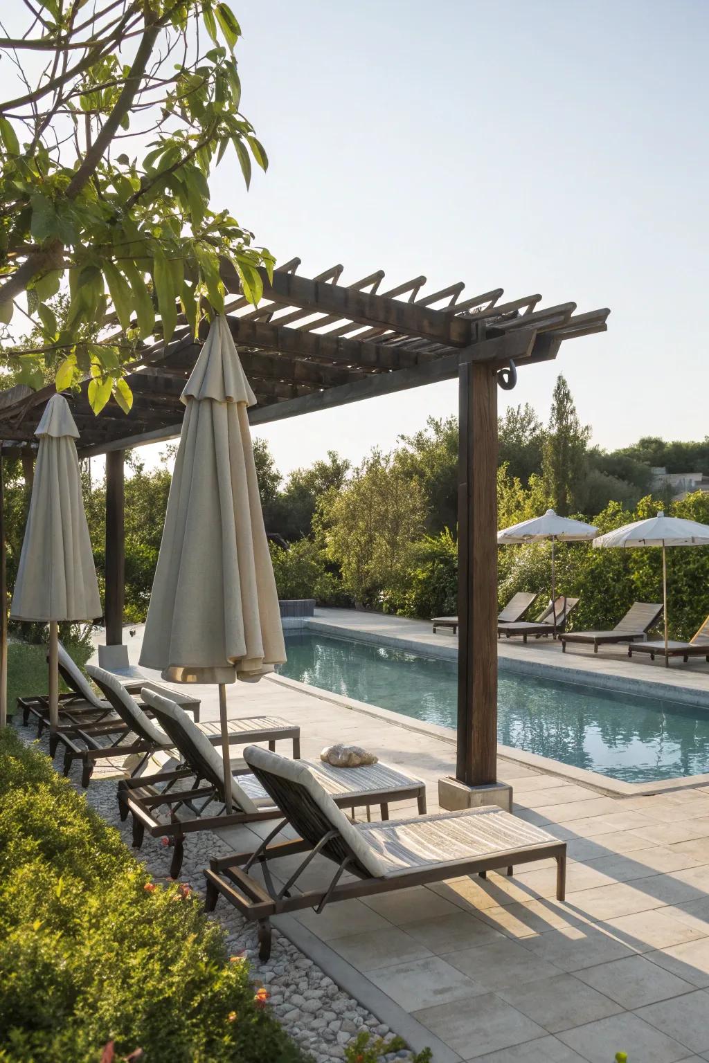 A refreshing poolside pergola haven for maximum relaxation.