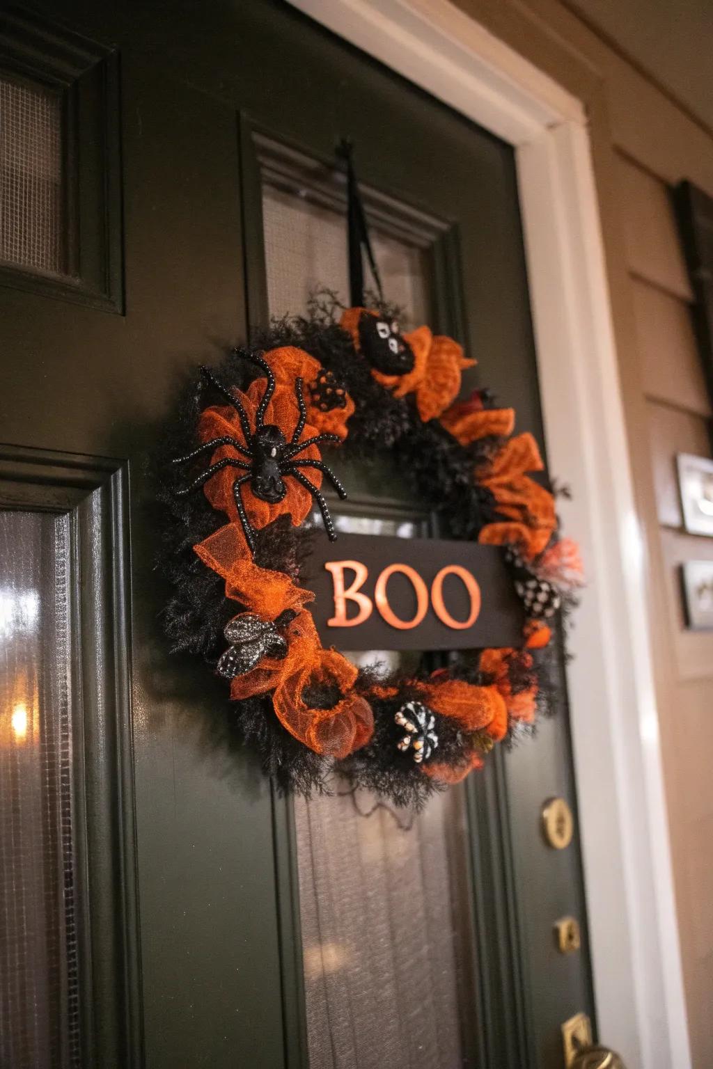 A spooky Halloween deco mesh wreath for festive frights.