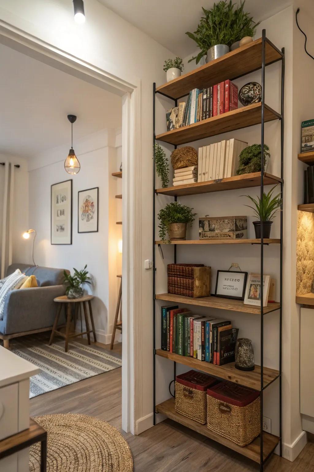 Exposed shelves offer practical storage and a venue to display personal treasures.