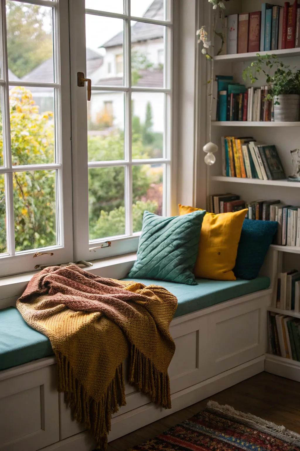 Window seats furnished with cushions offer an ideal refuge for unwinding and reading.