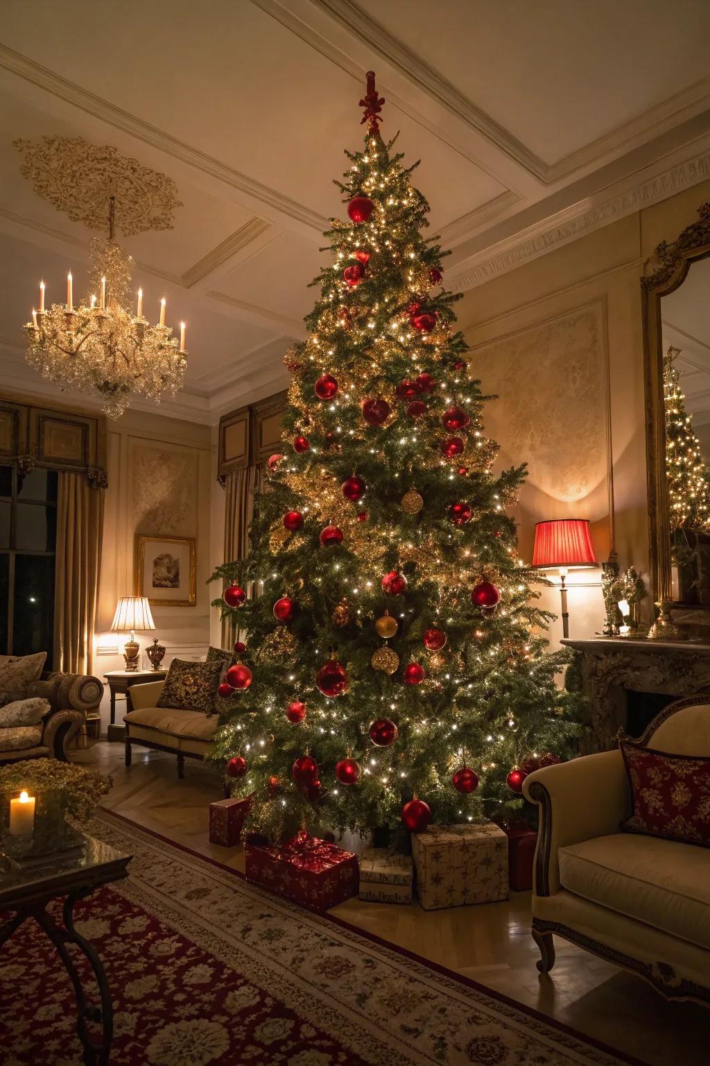 A classic Christmas tree with red and gold lights and traditional decorations.