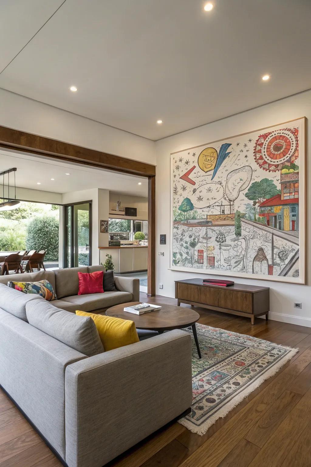A modern living room featuring a colorful aesthetic graphic sketch.