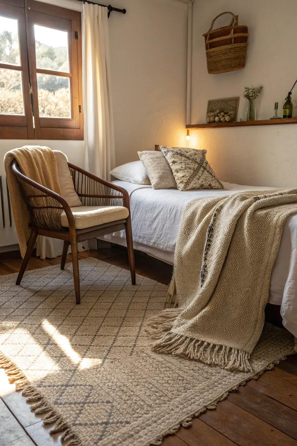 Inviting textiles foster a cozy atmosphere inside a compact bedroom.