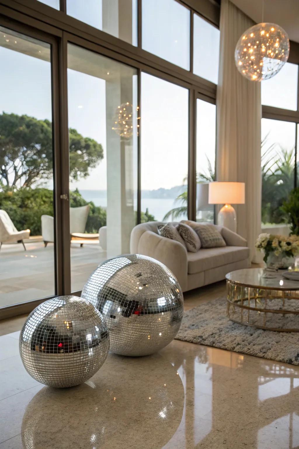 Mirrored spheres adding a contemporary reflective touch