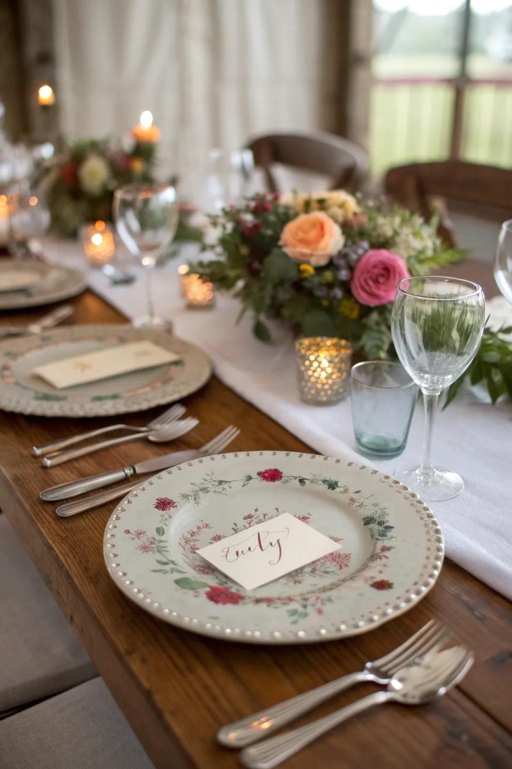 Personalized presentation plates with handwritten place cards.