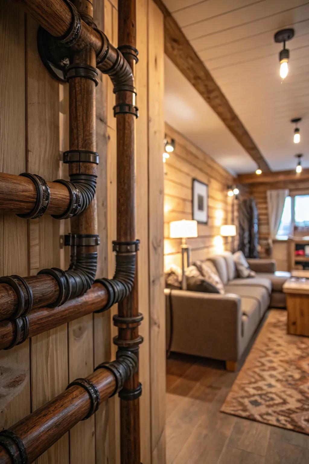 Warm, rustic atmosphere with textured wood.
