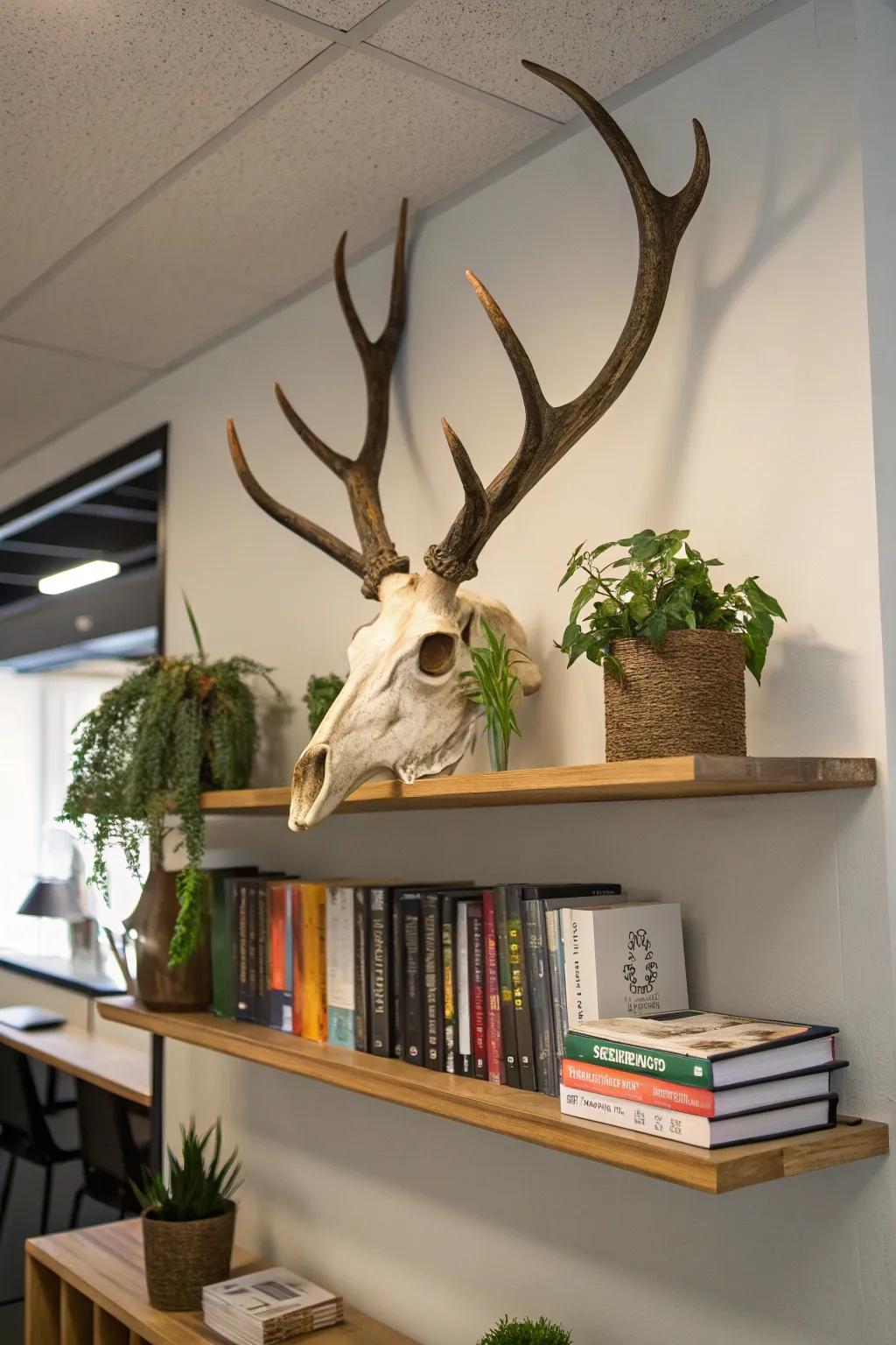 A wall plank arrangement enriches a deer skull showcase.